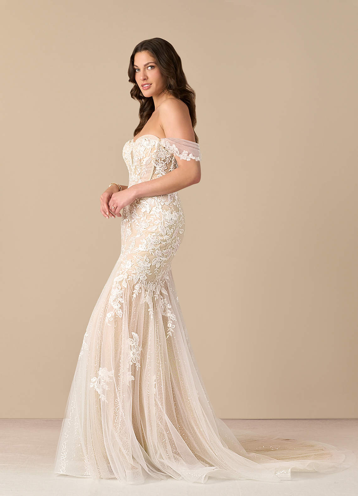 Azazie Leilani Diamond White Champagne Mermaid Sequins Tulle Dress