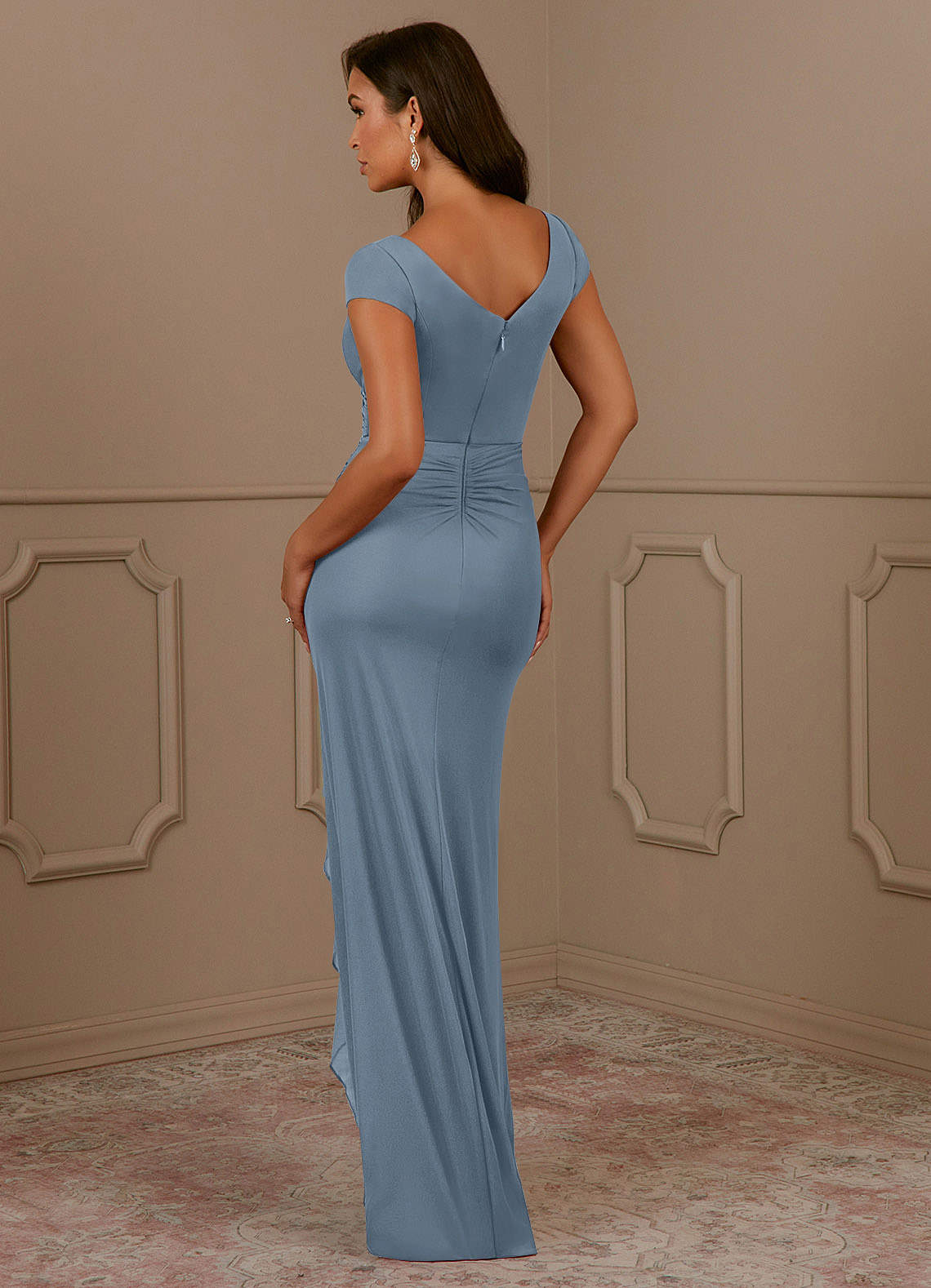 Azazie Roya Mother of the Bride Dresses Dusty Blue Mermaid V-Neck Pleated Mesh Dress image2