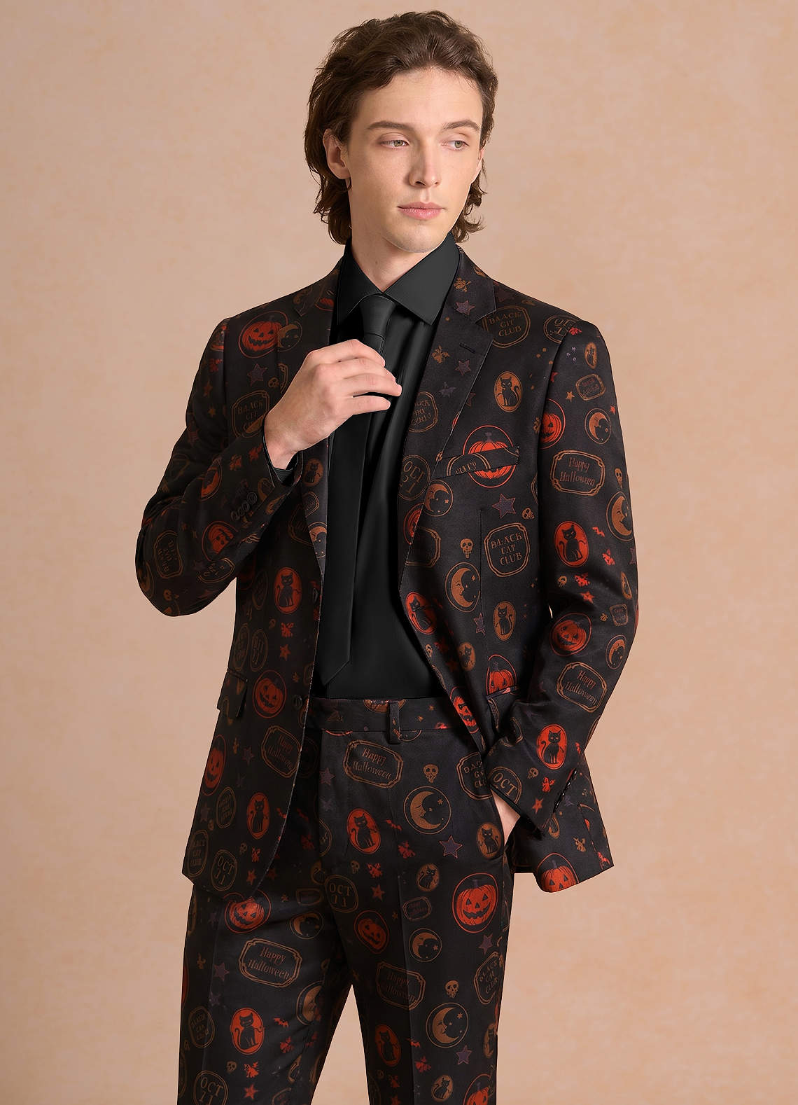 front Caleb Black Vintage Halloween Print Suit Jacket