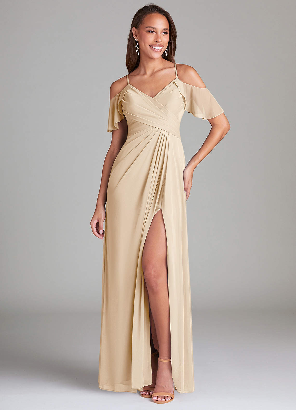 Azazie Dakota Jurken voor bruidsmeisjes Jurk van Mesh met A-Lijn Off the Shoulder Champagne image1