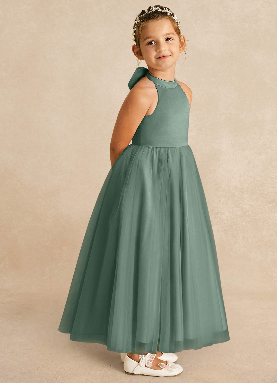 Azazie Bev Flower Girl Dresses Eucalyptus A-Line Convertible Tulle Dress image7