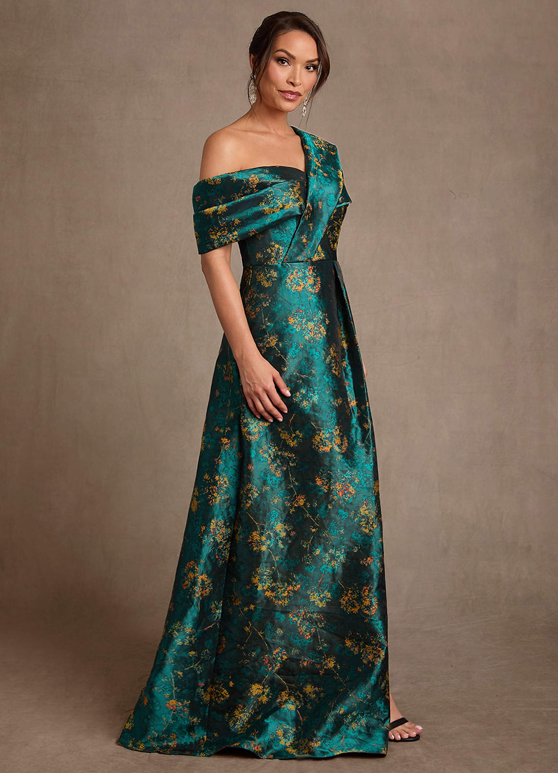 Azazie Nonie Deep Green A-Line Off the Shoulder Floral Jacquard Dress