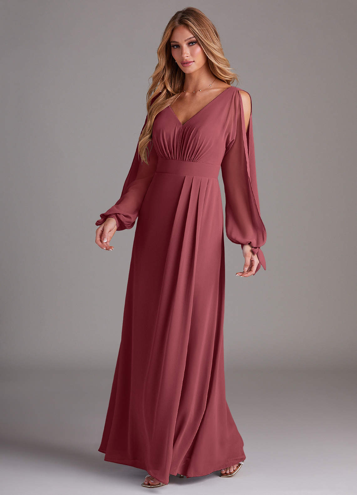 Azazie Matilda Bridesmaid Dresses Merlot A-Line Long Sleeve Chiffon Dress image1