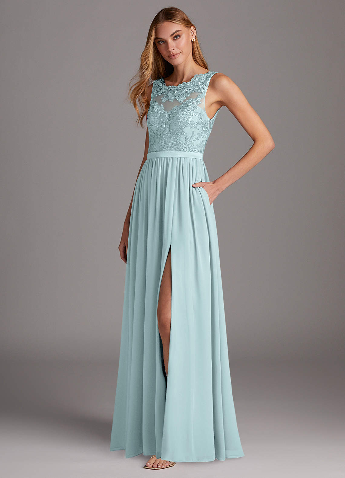 Azazie Elly Brautjungfernkleider A-Linie Rundhalsausschnitt mit Spitze Chiffon Kleid Nebel image1