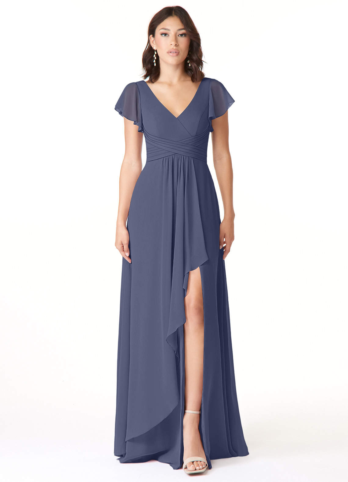 Azazie Omari Robes de demoiselle d'honneur Robe Trapèze en Mousseline de soie Bleu Orageux image1