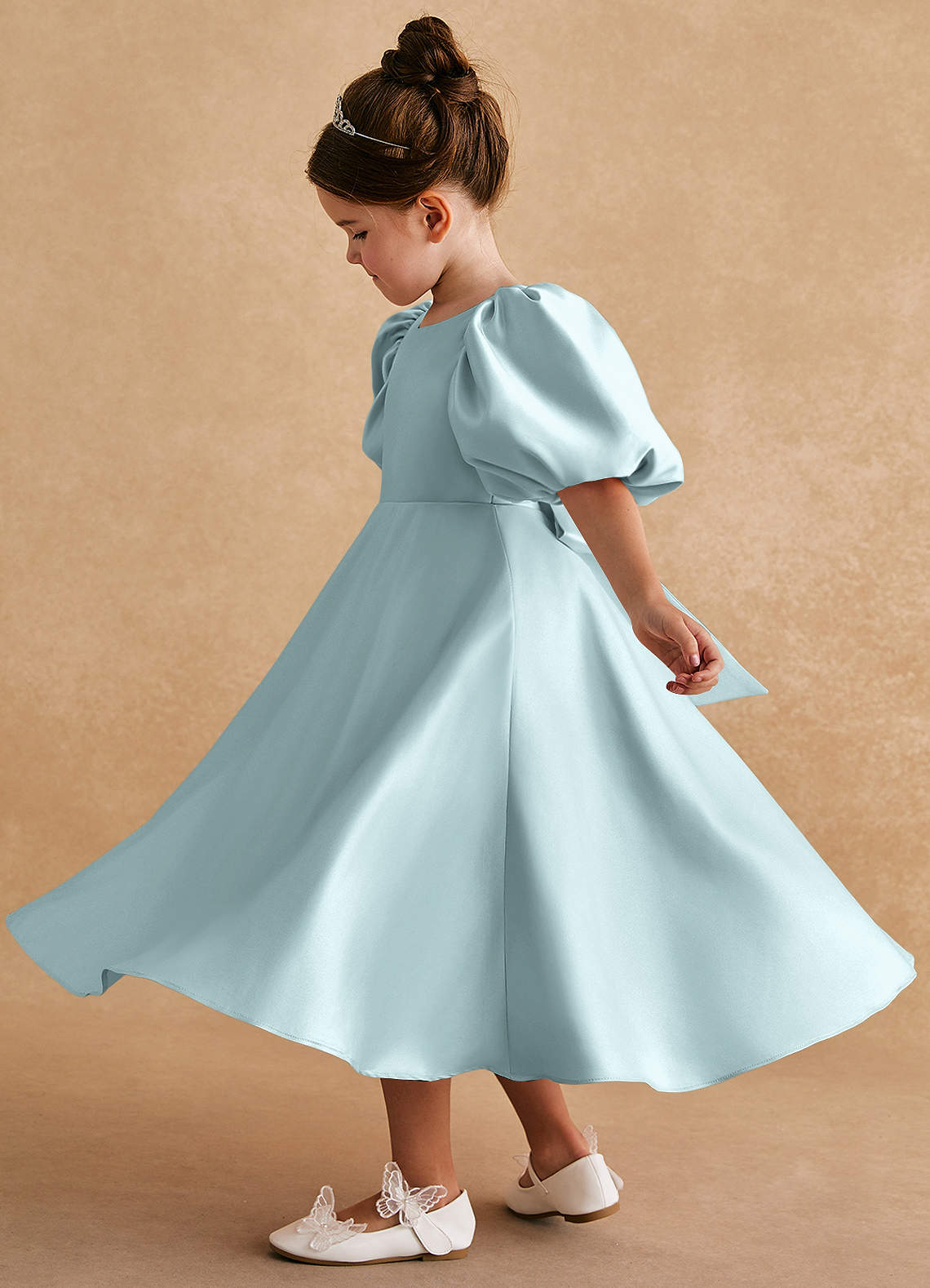 Azazie Sugarplum Flower Girl Klänningar Klänning A-Line i Matt satäng med ärmar image1