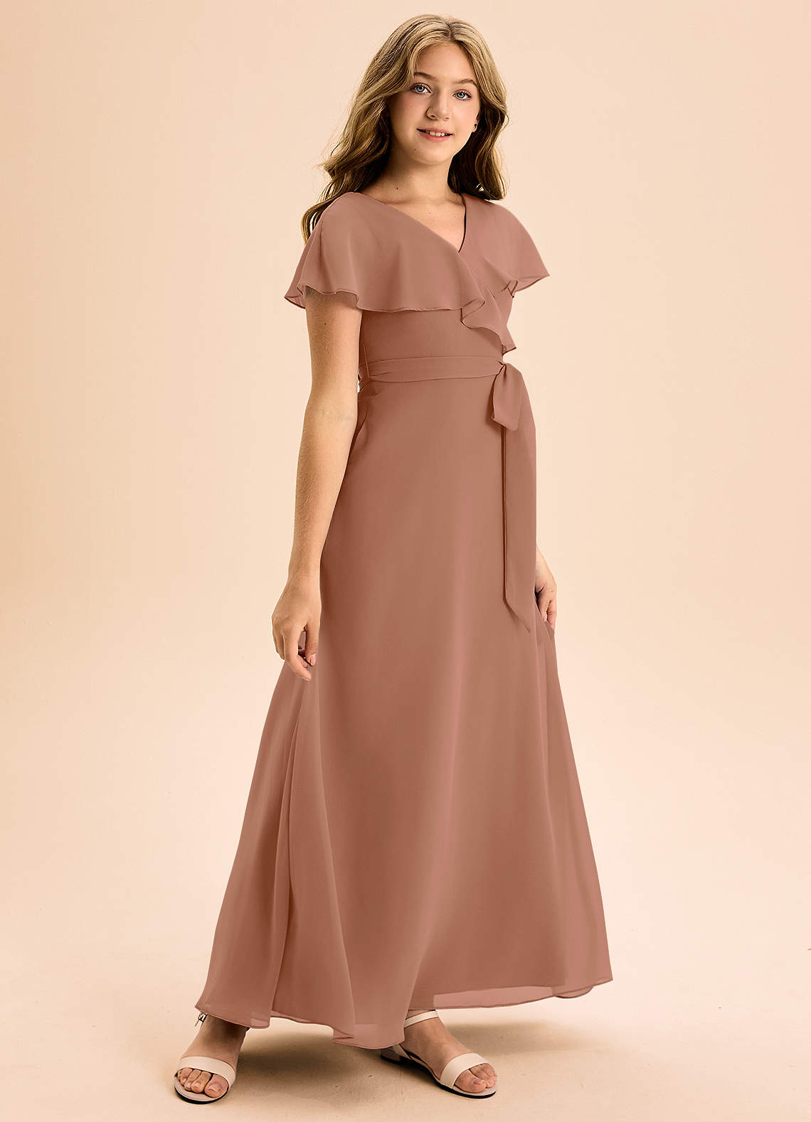 Azazie Lainey Junior Bronzer A-Line with Pockets Chiffon Dress image1