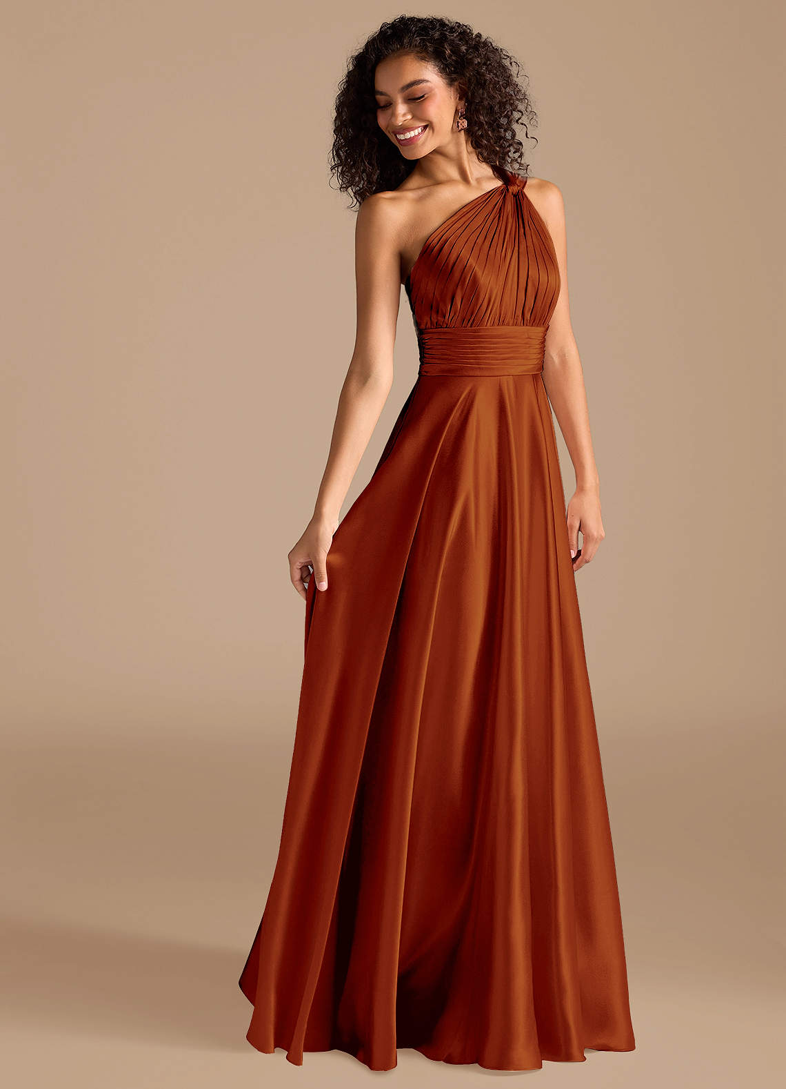 Azazie Charlize At-home Try On Dresses Auburn A-Line One Shoulder Metallic Satin Dress image5
