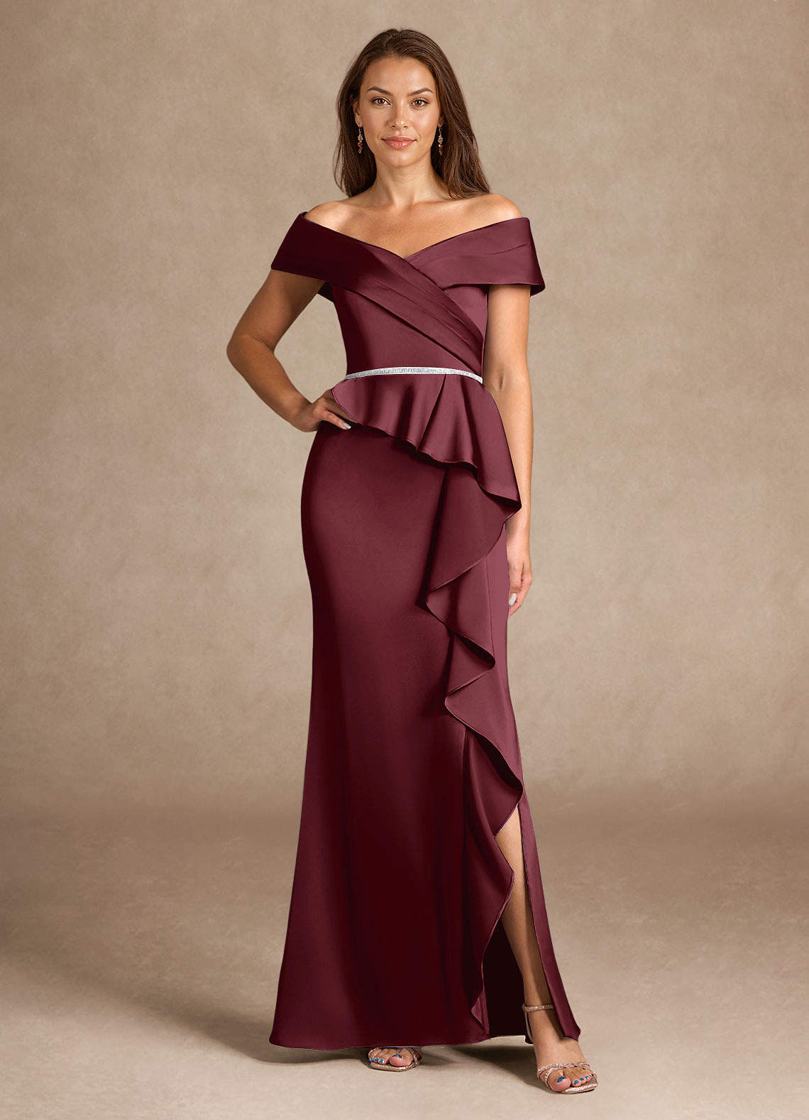 Azazie Dareia Mother of the Bride Dresses Cabernet Mermaid Off the Shoulder Stretch Satin Dress image1
