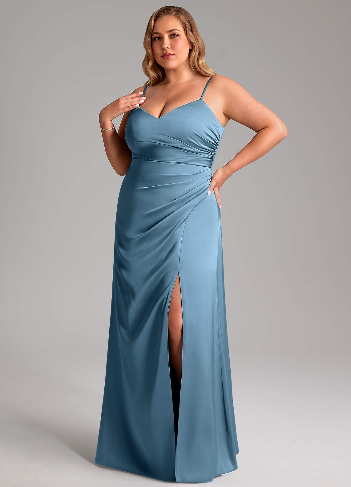 Azazie Azuree Bridesmaid Dresses Steel Blue A-Line Pleated Stretch Satin Dress image1
