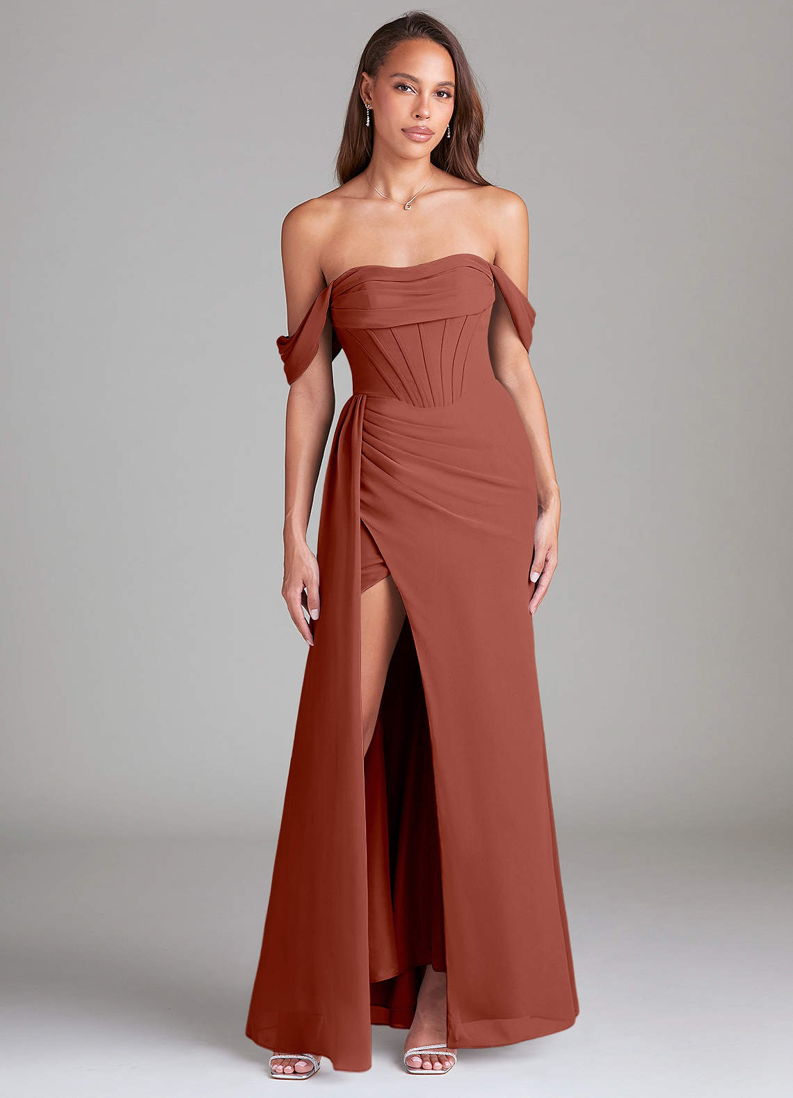 Azazie Amyra Bridesmaid Dresses Auburn Sheath Off the Shoulder Chiffon Convertible Dress image1