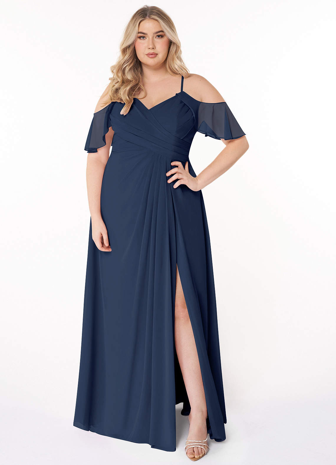 Azazie Dakota Bridesmaid Dresses Dark Navy A-Line V-Neck Pleated Chiffon Dress image1