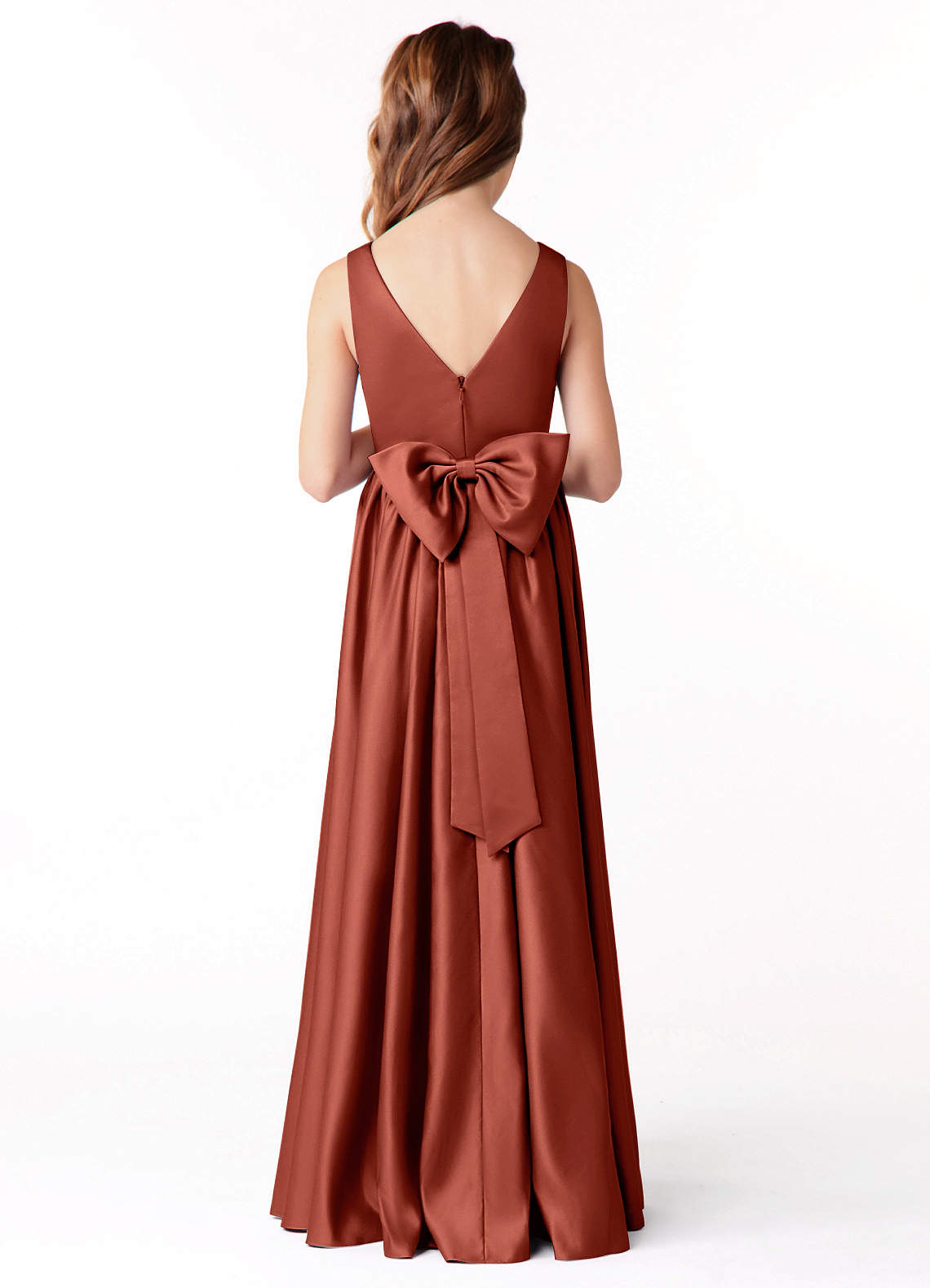 Azazie Hathaway Junior Terracotta A-Line Bow Stretch Satin Dress image1