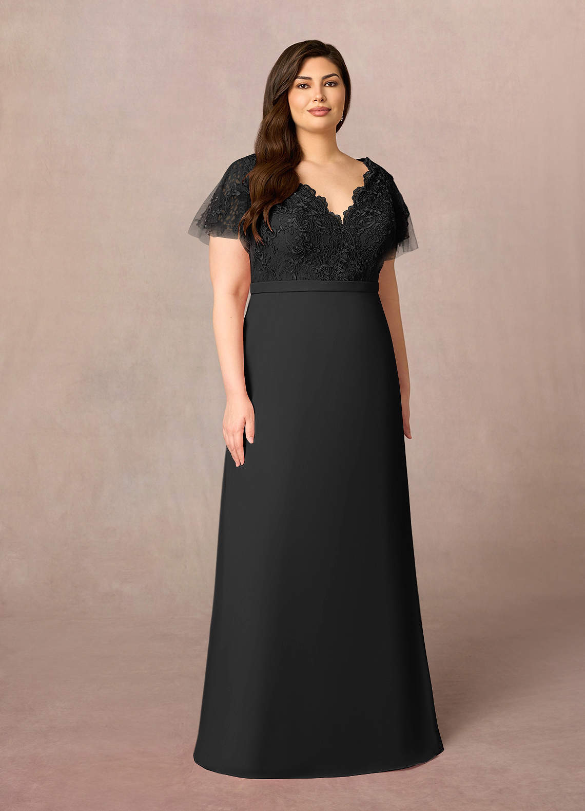 Azazie Singer Mère de la mariée Robes Robe Trapèze en Mousseline de soie Col V Dentelle Noir image1