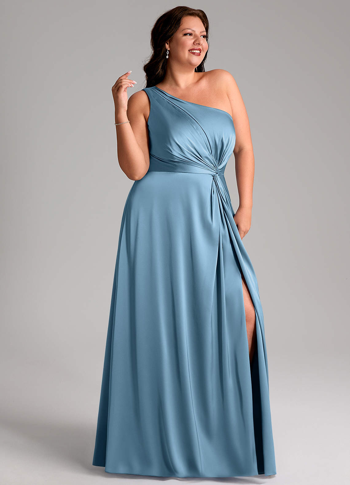 Azazie Brooke Abiti da Damigella Abito A-Line in Raso Elasticizzato Monospalla Blu Acciaio image10