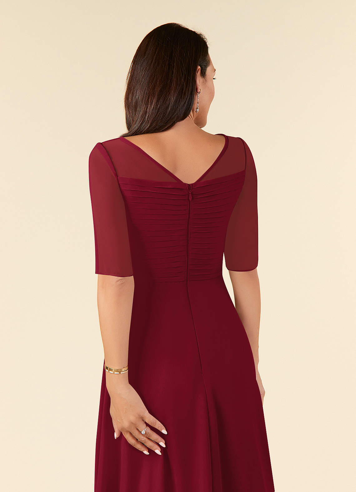 Azazie Naomi At-home Try On Dresses Burgundy A-Line Boatneck Pleated Chiffon Dress image5