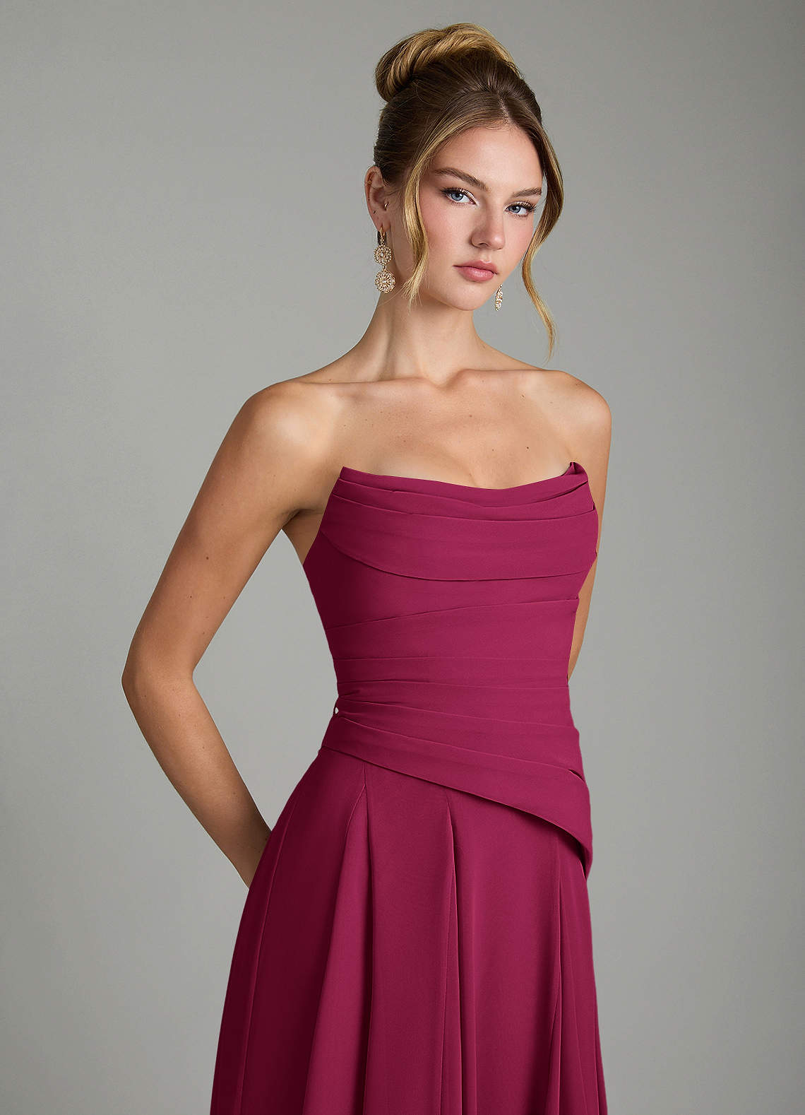 Azazie Gabriela At-home Try On Dresses Burgundy A-Line Corset Chiffon Dress image9