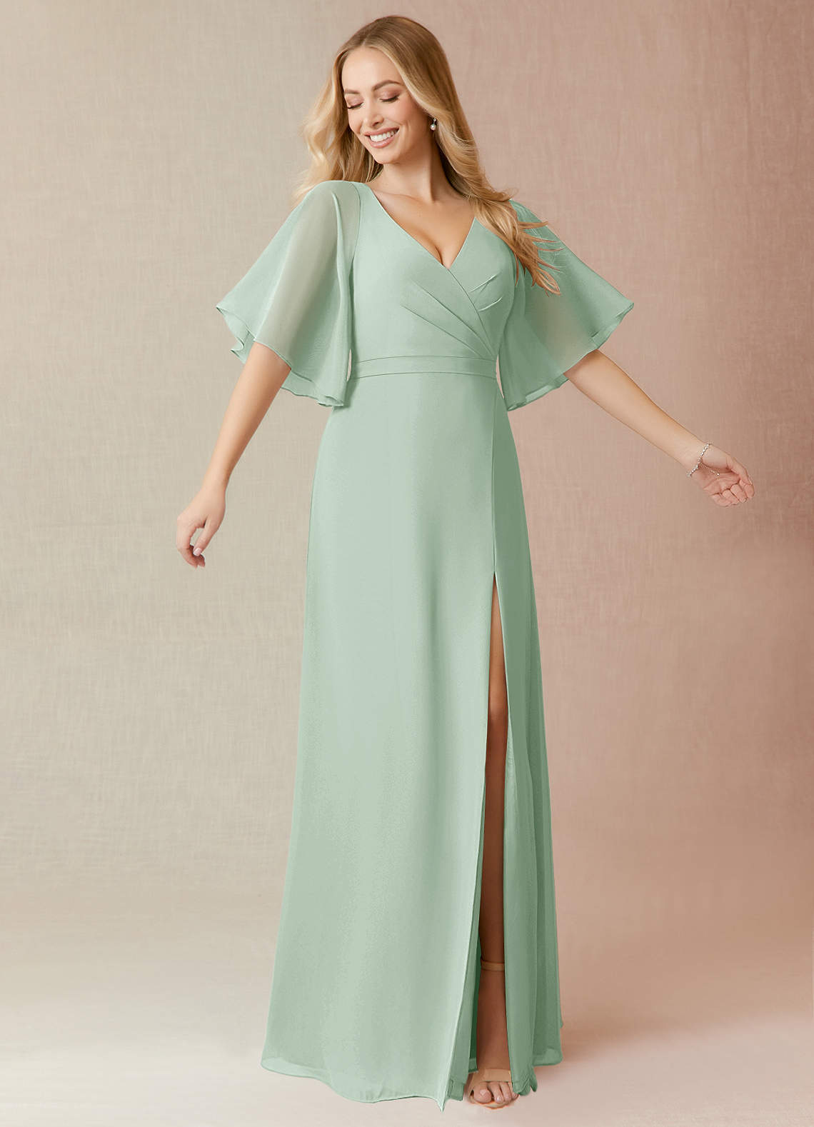 plus size sage green dress for wedding 2025 Plus Size Sage Green Bridesmaid Dresses Chiffon Puffed Sleeves Sage Green / 20 main image 0