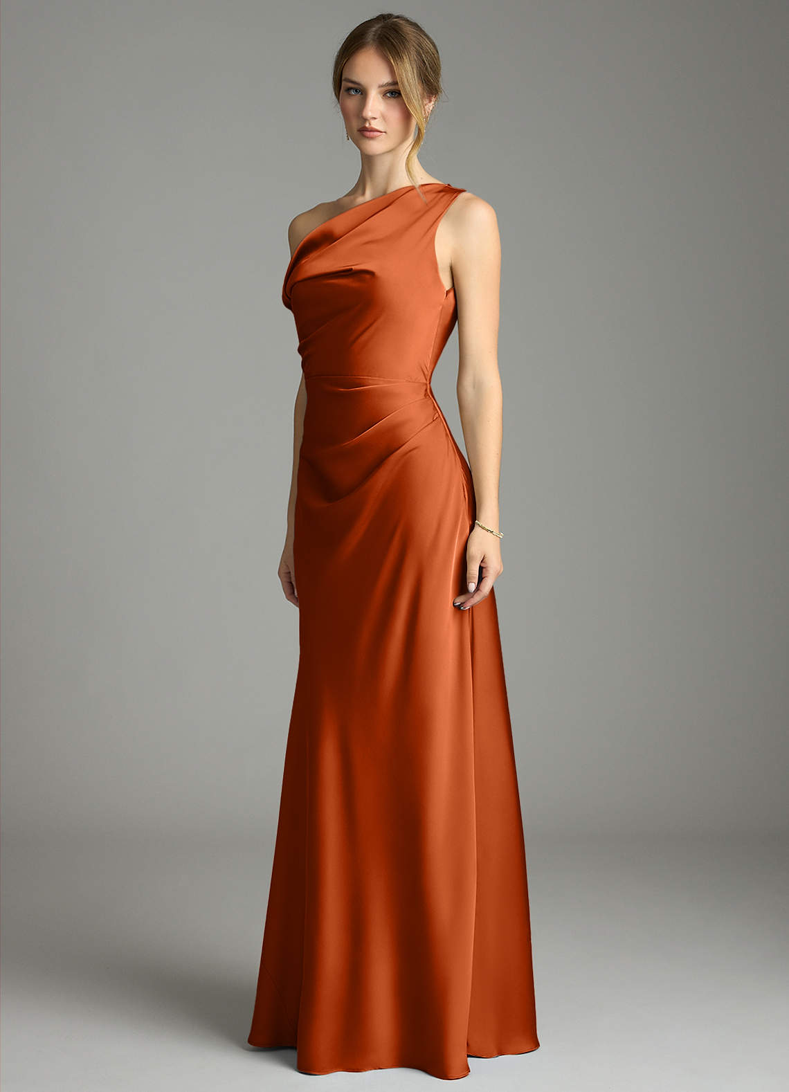 Azazie Emerson Vestidos de madrinha de casamento Vestido Laranja Queimada de Cetim elástico de sereia com Fora do ombro image1