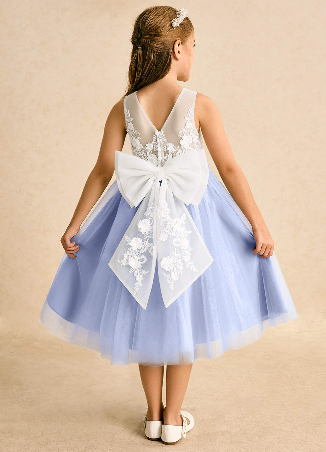 Azazie Ball-Gown Scoop Neck Tea-Length Tulle Flower Girl Dresses - Ivory/Ice