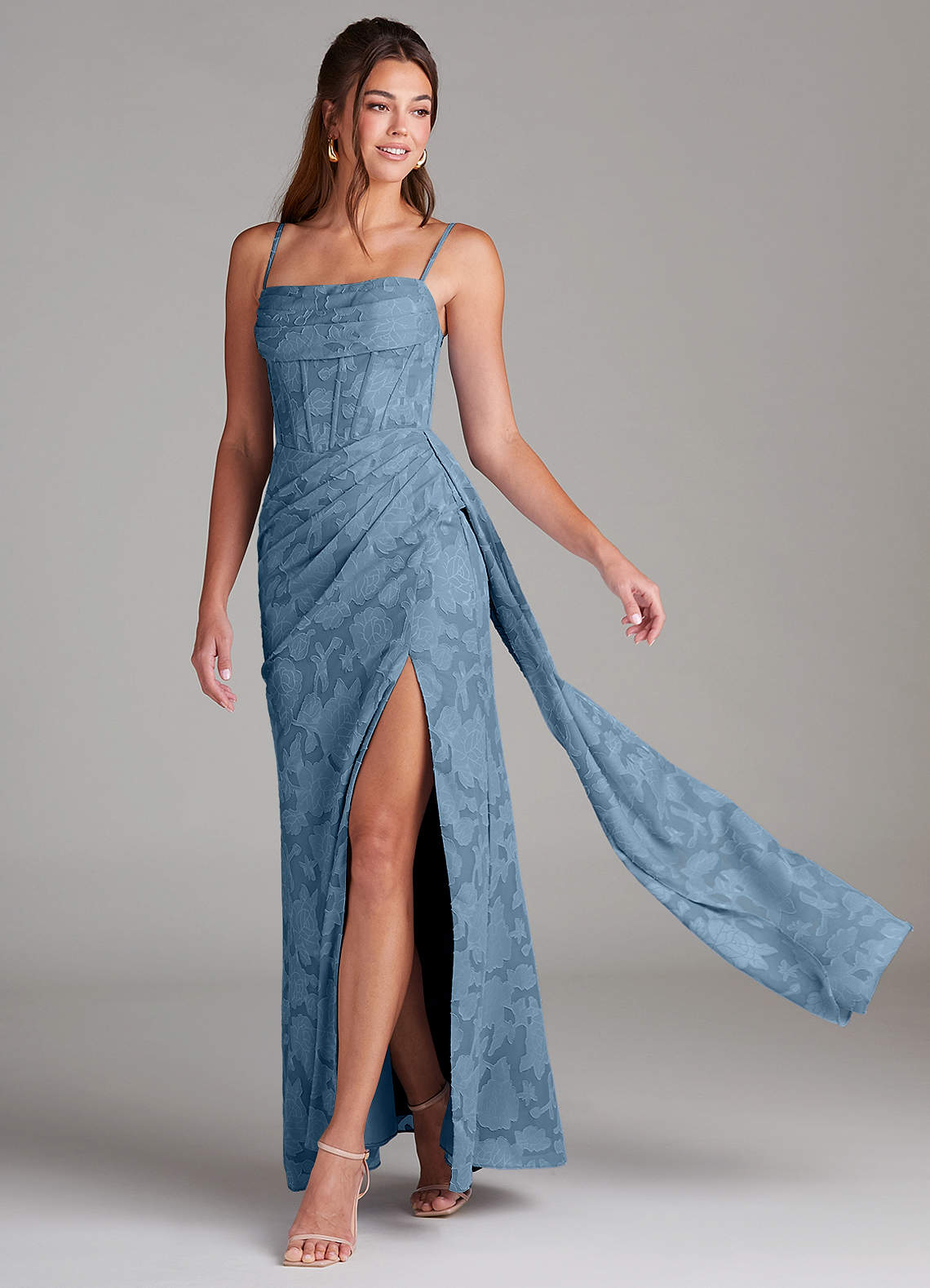 Azazie Denisa Bridesmaid Dresses Steel Blue Sheath Pleated Floral Burnout Dress image1