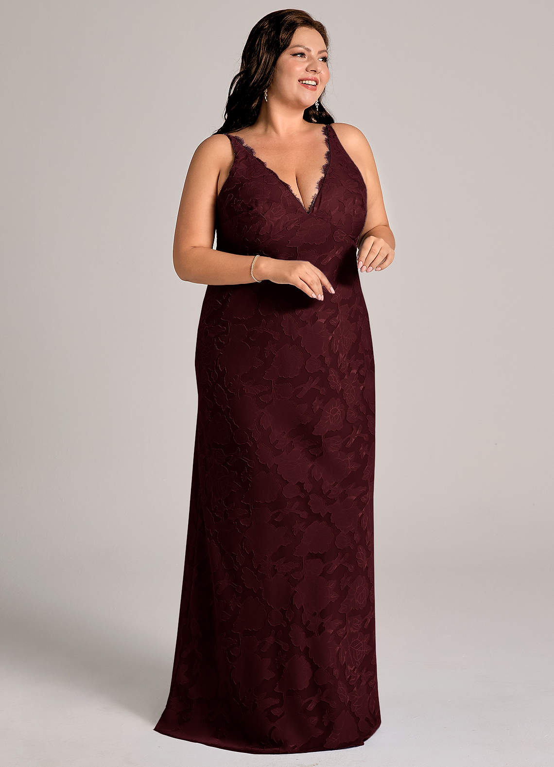 Azazie Tianna Bridesmaid Dresses Cabernet Sheath Lace Floral Burnout Dress image10