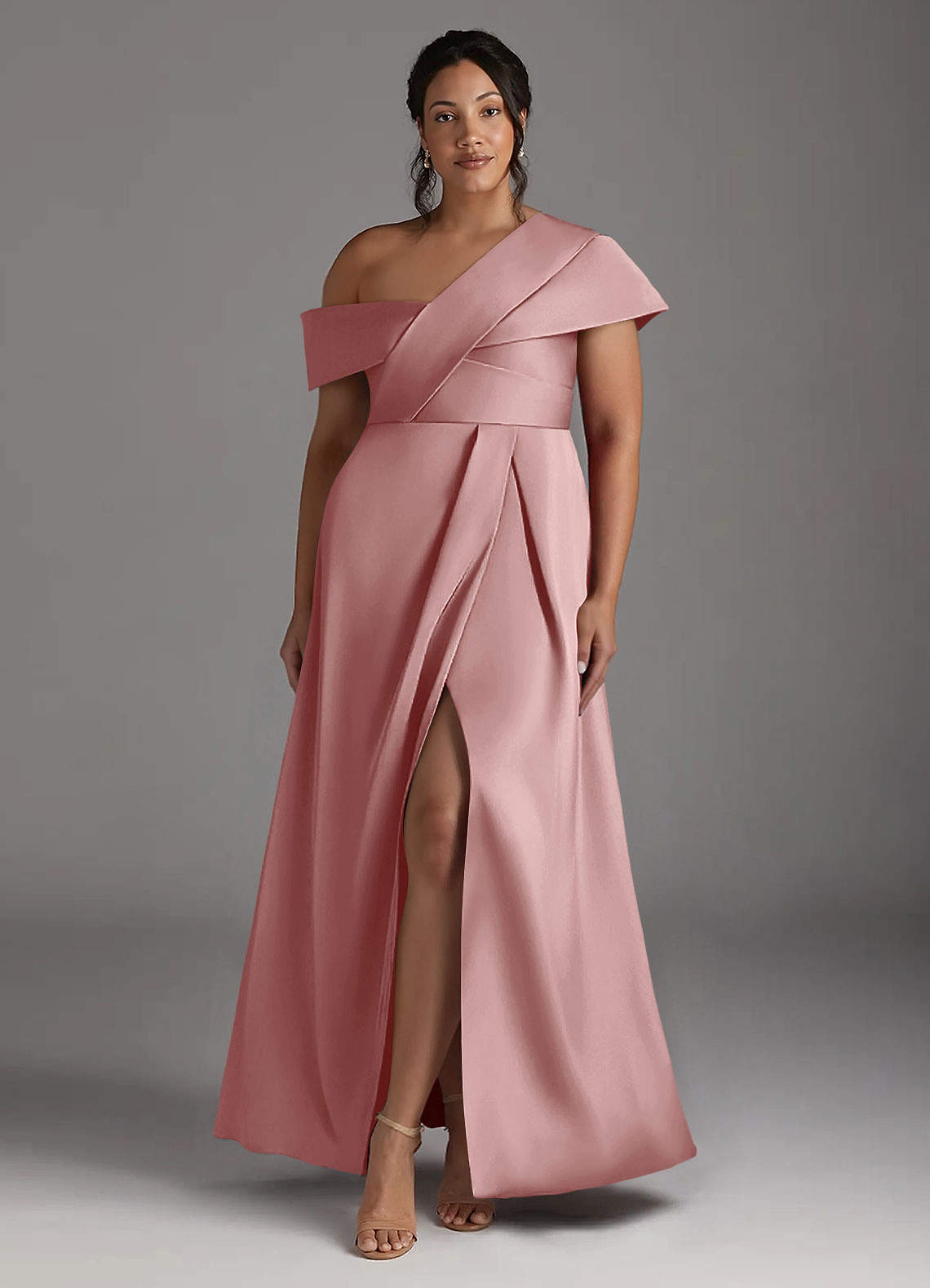 Azazie Milton Mother of the Bride Dresses Dusty Rose A-Line Pleated Stretch Satin Dress image1