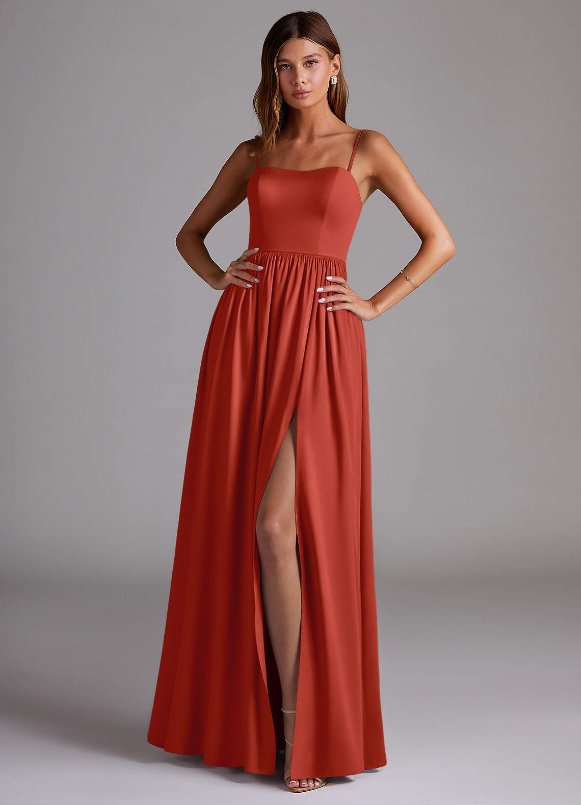 Azazie Calianna Bridesmaid Dresses Rust A-Line Off the Shoulder Stretch Satin Convertible Dress image1