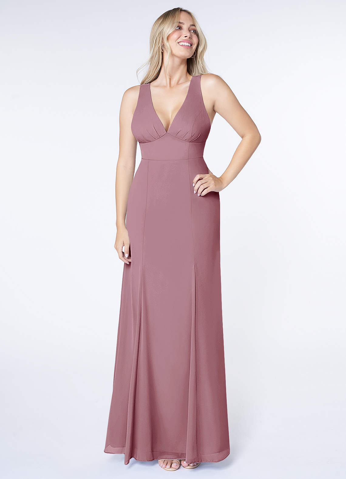 Azazie Christiana Bridesmaid Dresses Vintage Mauve A-Line V-Neck Pleated Chiffon Dress image1