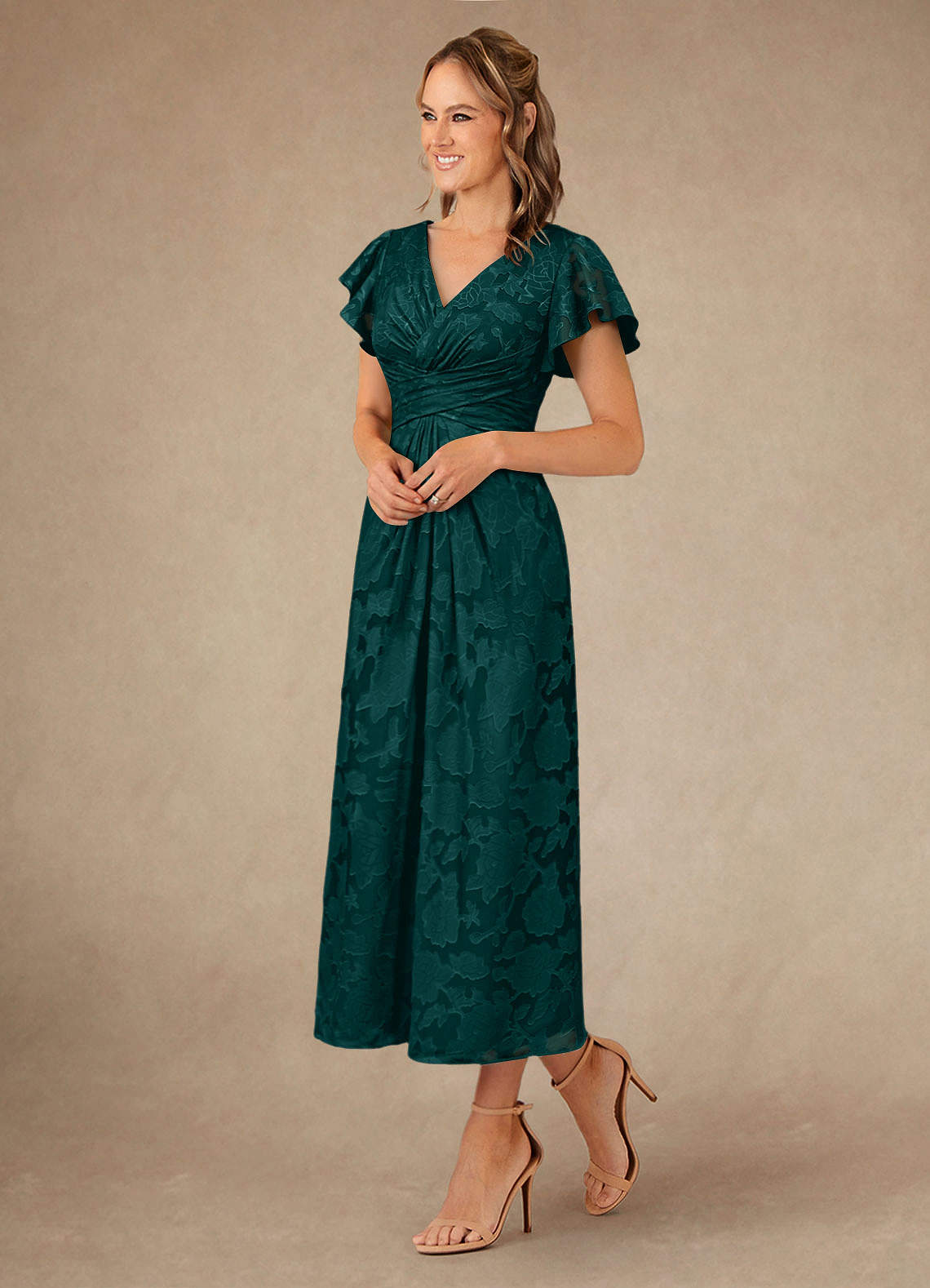 Azazie Vera Vestidos para mãe da noiva Vestido Pinho de Esgotamento Floral de Linha A com Plissado image1