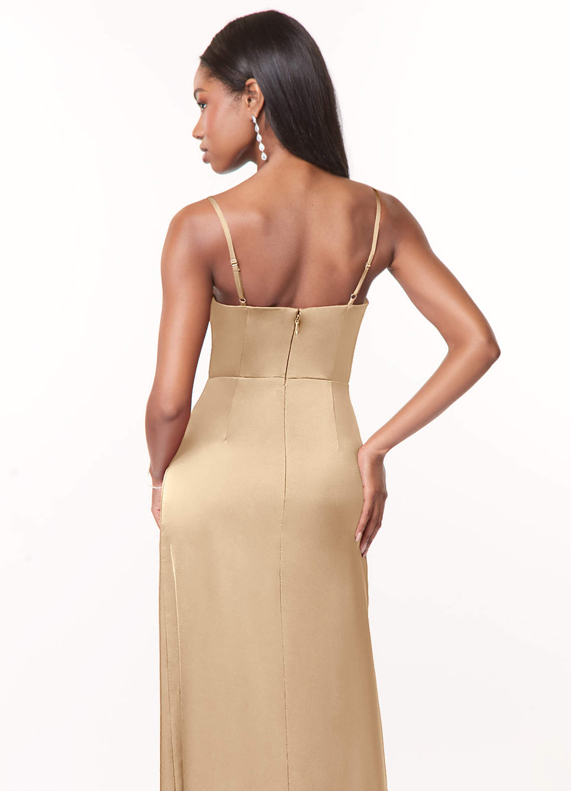 Azazie Maci Bridesmaid Dresses Champagne A-Line V-Neck Pleated Stretch Satin Dress image3