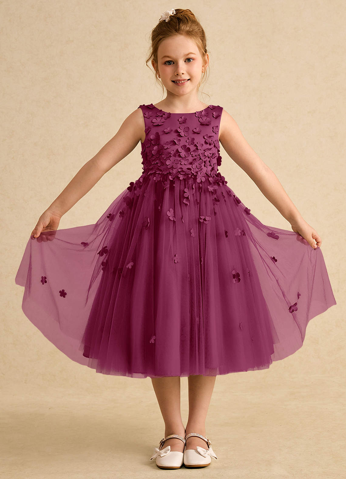 Azazie Lana Flower Girl Dresses Mulberry A-Line Sleeveless Matte Satin Dress image1