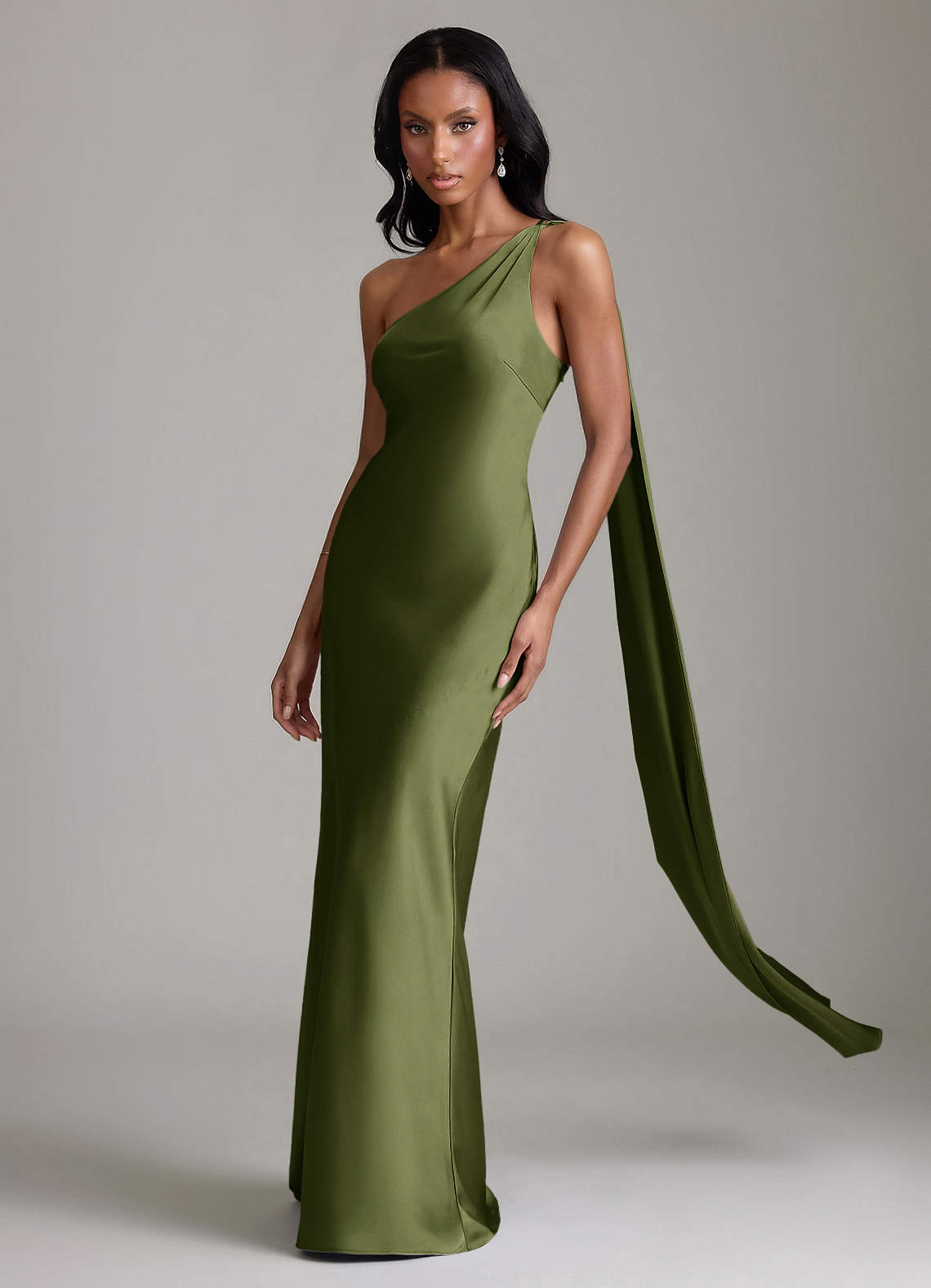 olive bridesmaid dresses KissProm Pleated Off-the-Shoulder A-Line Chiffon Dress in Olive, / 22 The One Shoulder design adds a touch of asymmetrical allure Azazie Emerson
