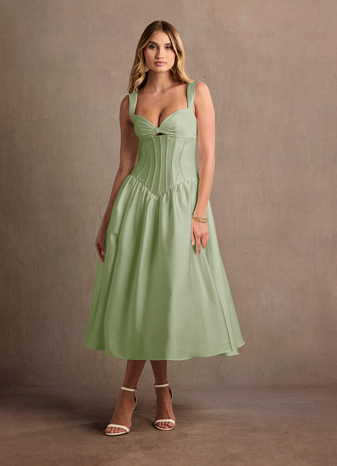 Arwen Light Green Dropped Waist Midi Dress | Azazie DE