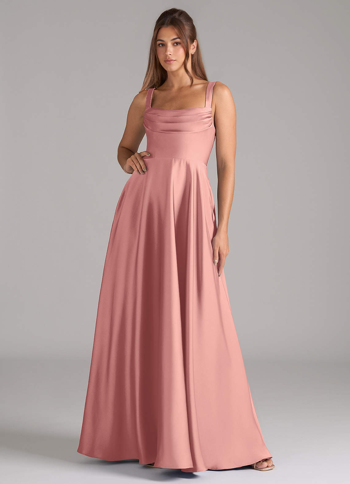 Azazie Shaude Bridesmaid Dresses Rosette A-Line Pleated Stretch Satin Dress image1