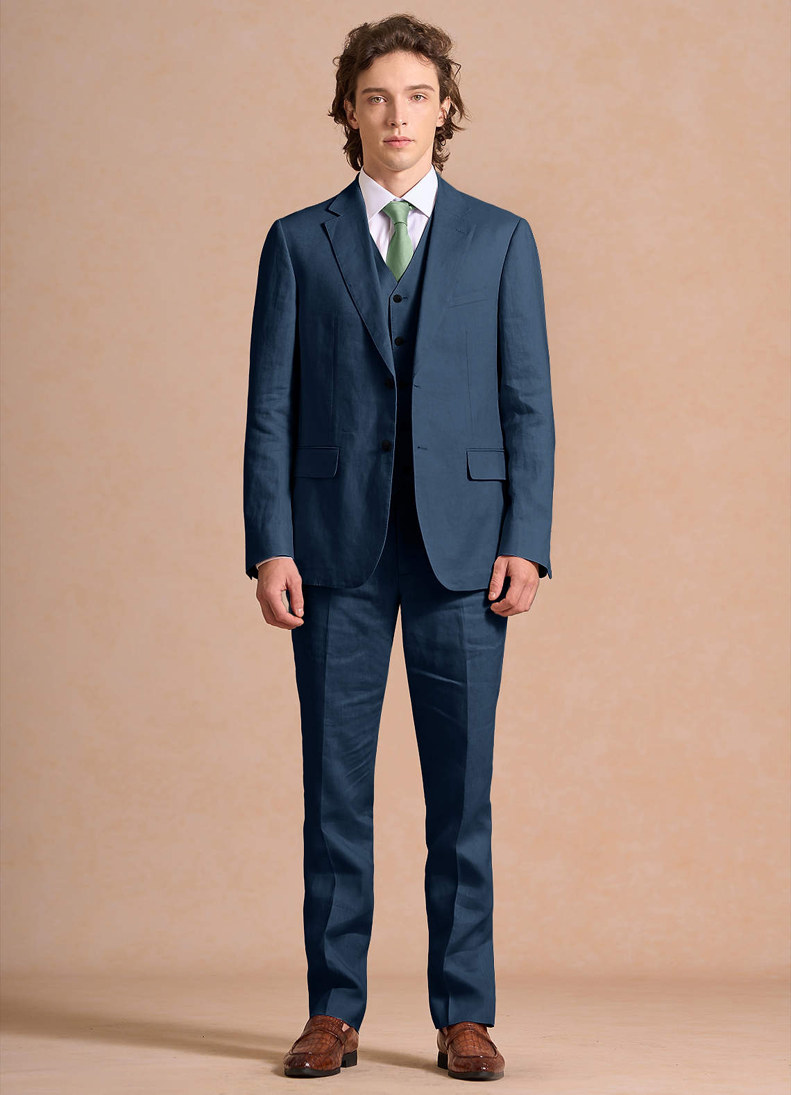 front Harrison 다크 네이비 100% 린넨 쓰리피스 정장