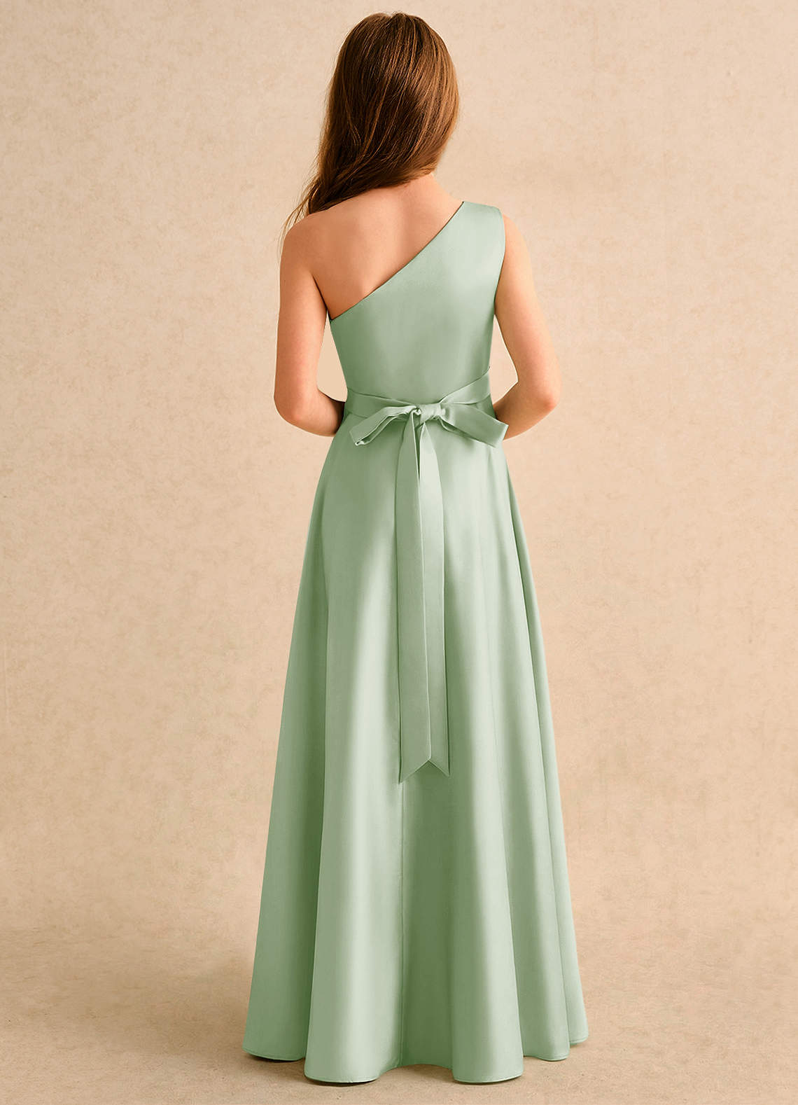 Azazie Puddles Junior Formal Flower Girl Dresses Dusty Sage A-Line One Shoulder Matte Satin Dress image2