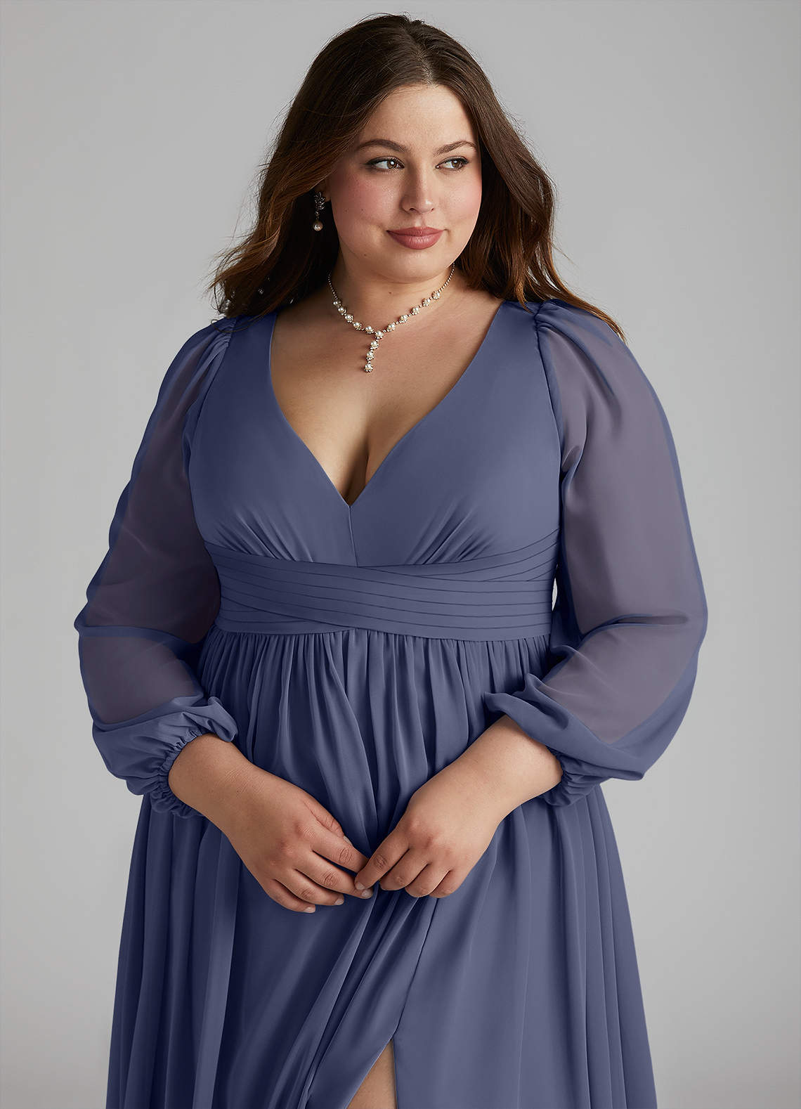 Azazie Norah Bridesmaid Dresses Stormy A-Line V-Neck Long Sleeve Chiffon Dress image9