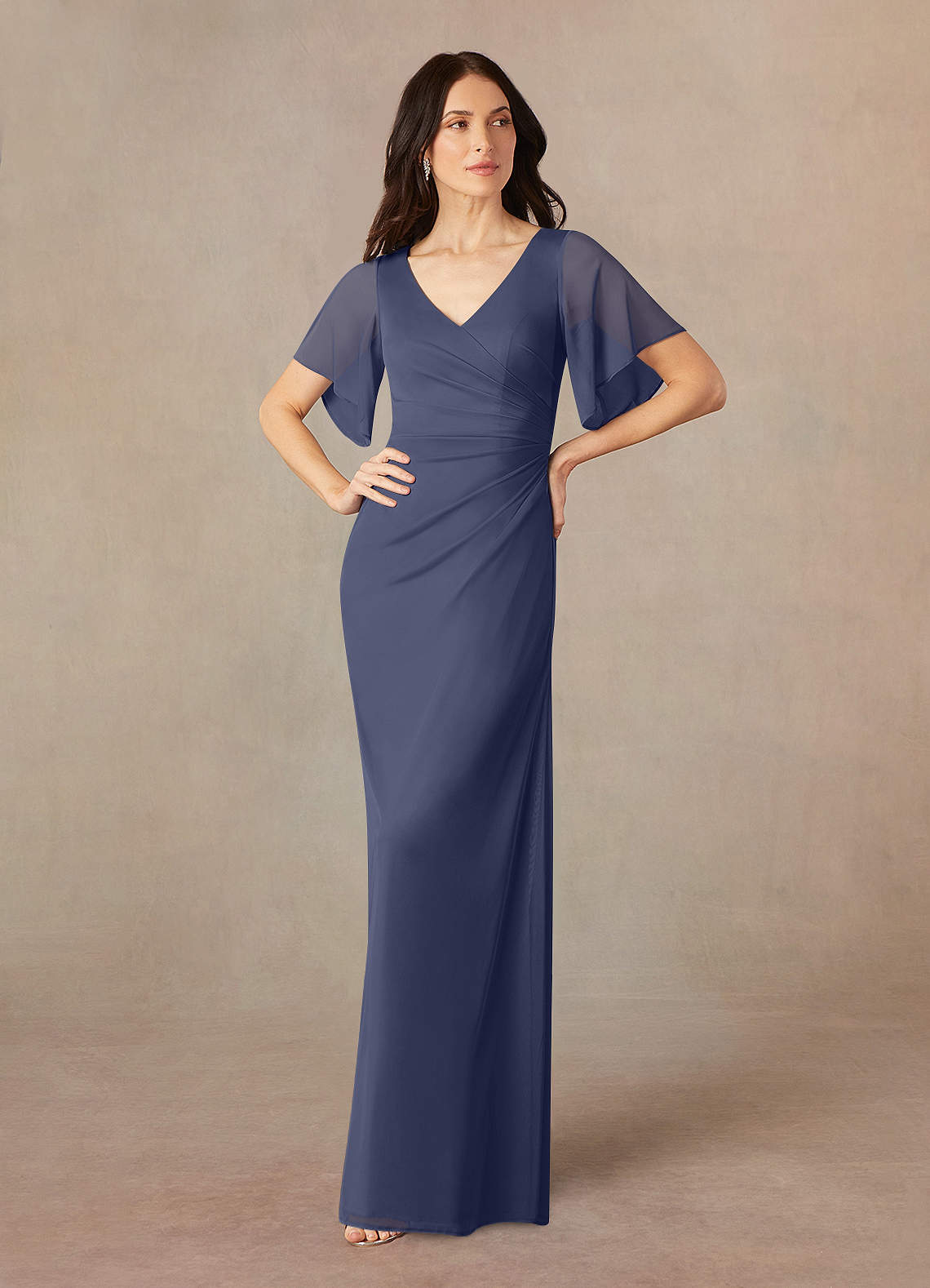 Azazie Selah Stormy A-Line V-Neck ruched Mesh Dress Ready to Ship | Azazie