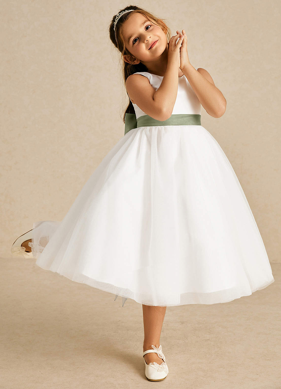Azazie Kavi Flower Girl Dresses Ivory Pistachio A-Line Bow Matte Satin Dress image4