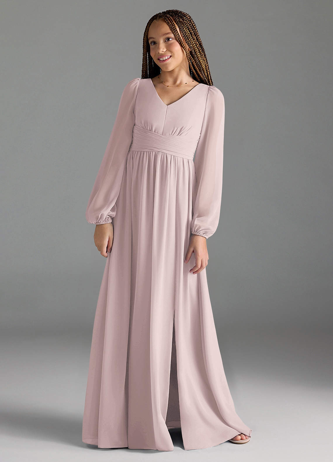 Azazie Norah Junior Blushing Pink A-Line Pleated Chiffon Dress image1