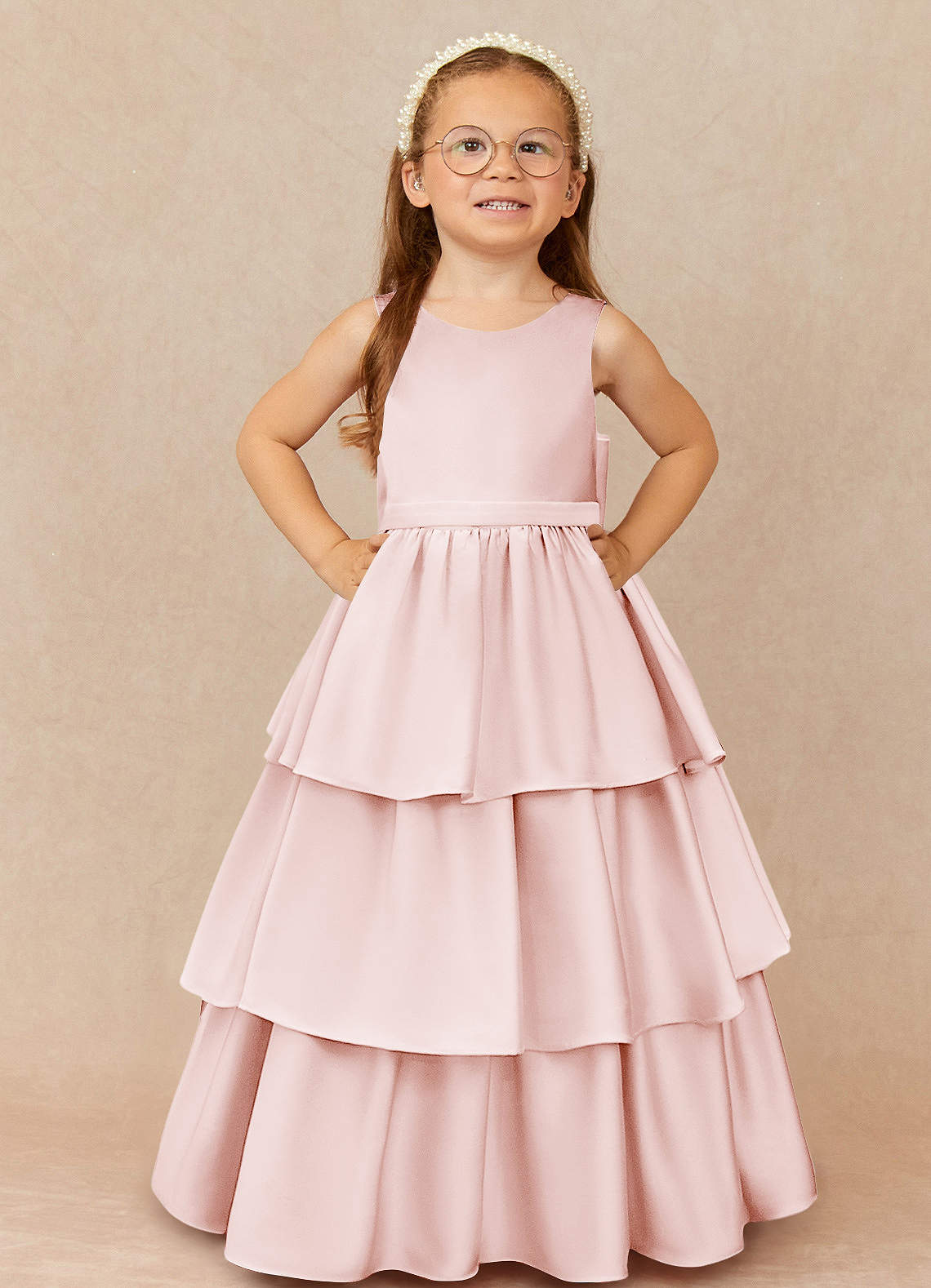 Azazie Margie Flower Girl Dresses Blushing Pink A-Line Bow Stretch Satin Dress image1