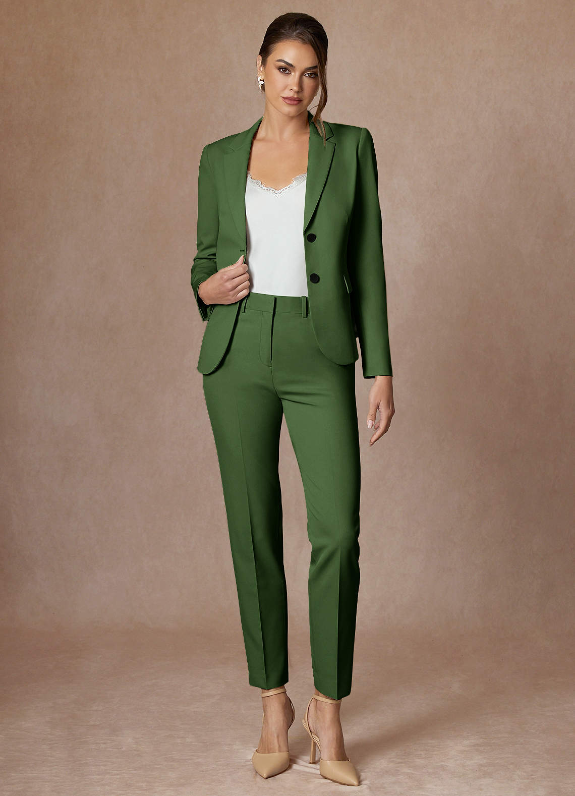 front Whitney Olive Structured Stretch Full Length Dress Pants