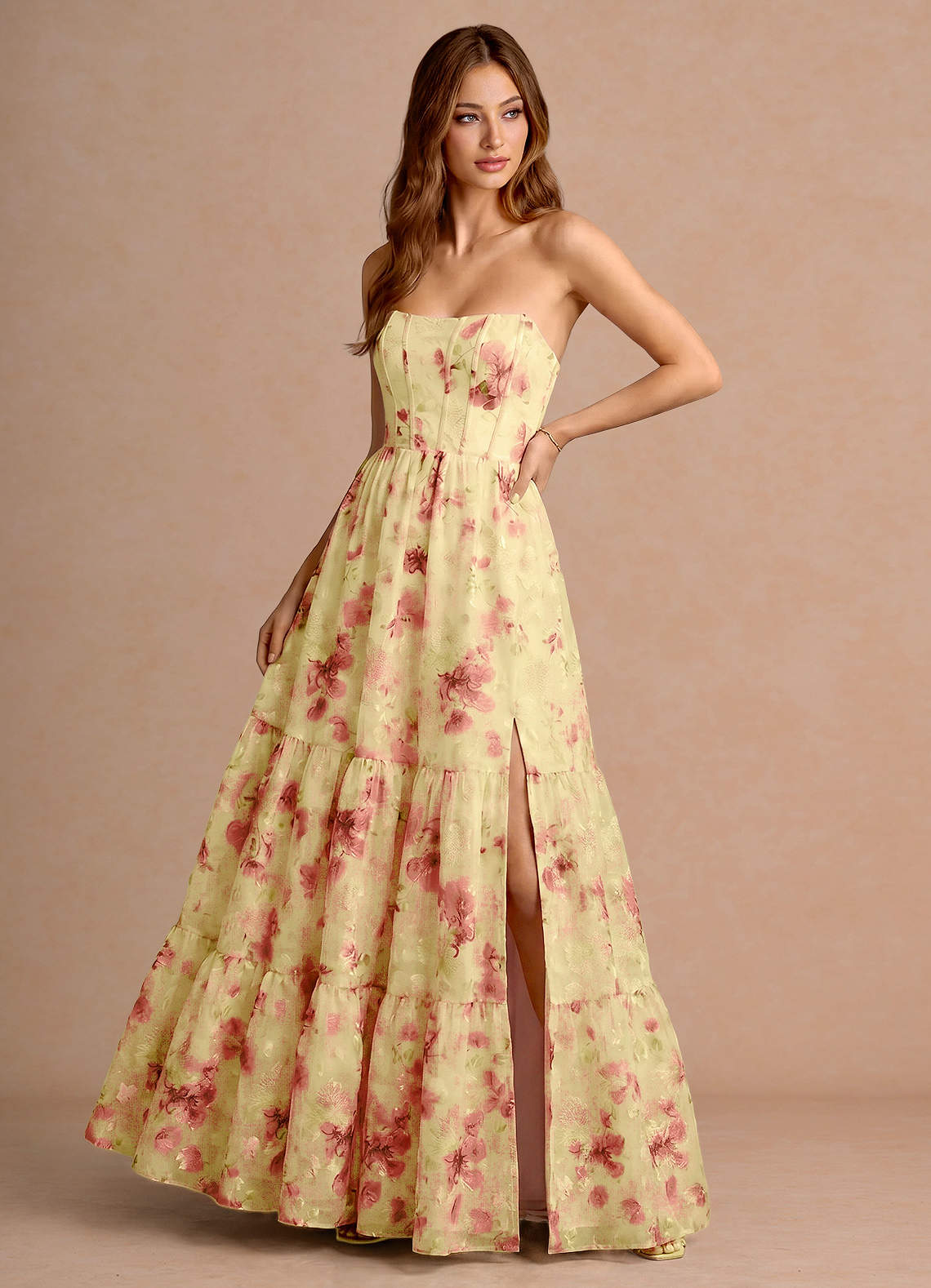 light yellow maxi dress formal Light Yellow Pleated Dress - Lace-Up Halter Dress - Tiered Maxi