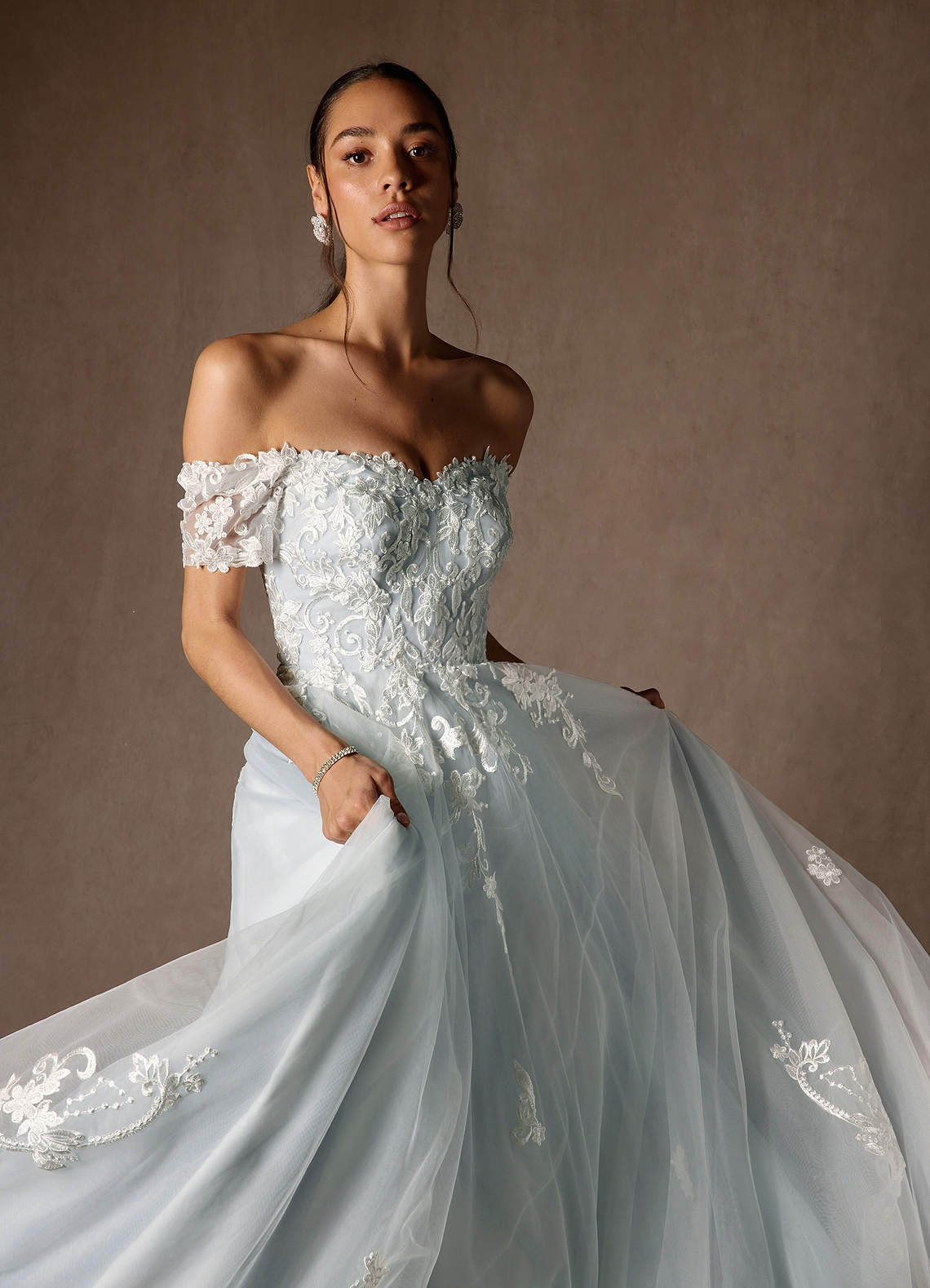 Azazie Rowe At-home Try On Dresses Cloudy Blue Ball-Gown Off the Shoulder Tulle Dress image7