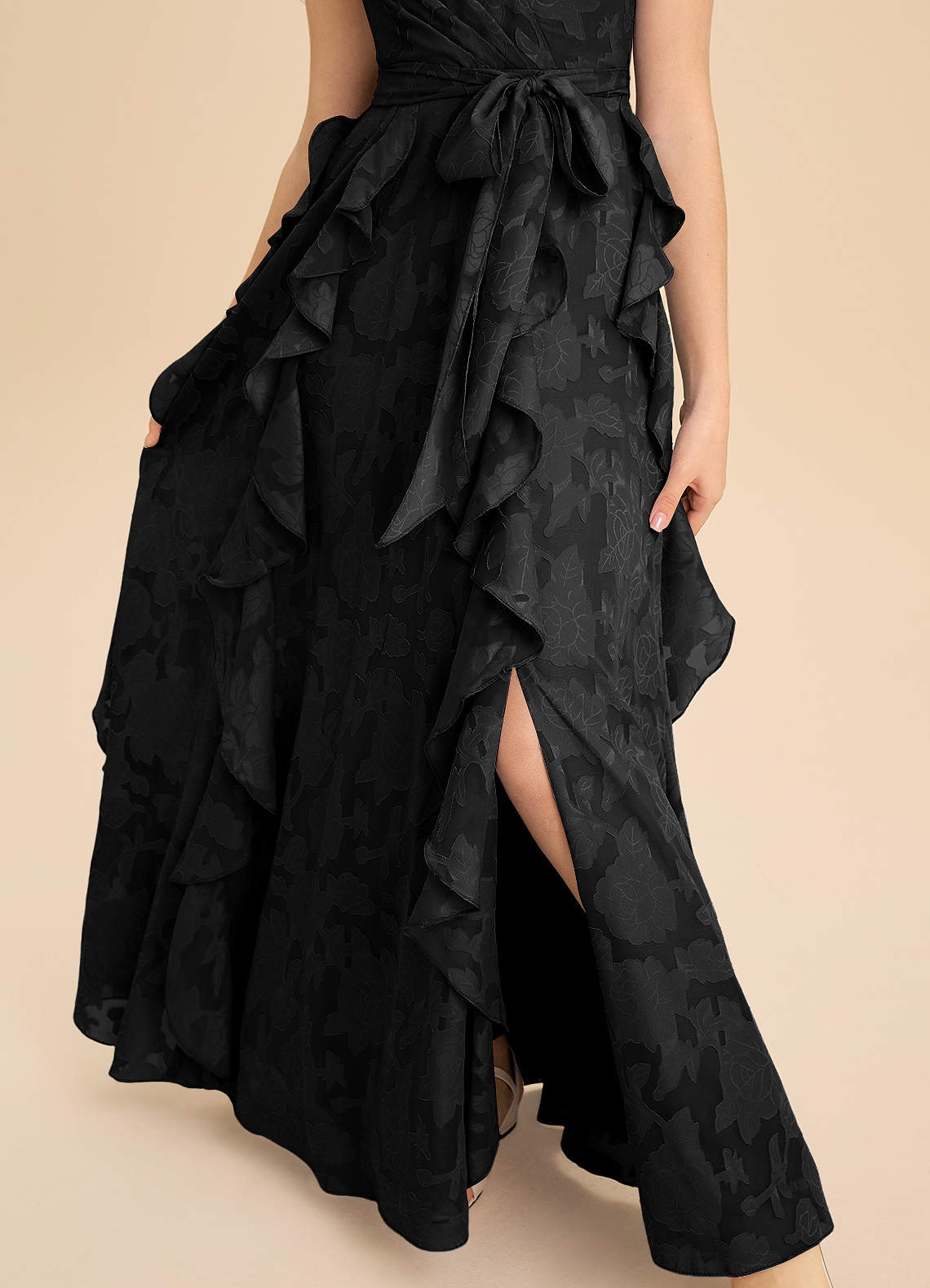 Azazie Peyton Junior Black A-Line Pleated Floral Burnout Dress image7
