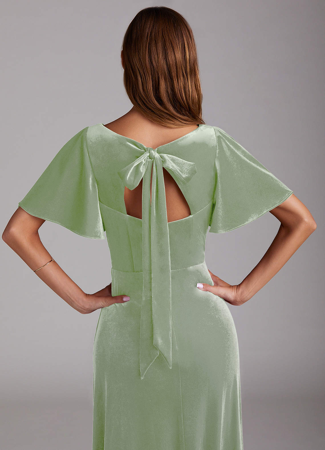 open lace back dress Zapaka Women Dusty Sage Long Bridesmaid Dress with Slit A Line Cold Shoulder Velvet Jacquard Wedding Party Dress, Dusty Sage / US26W main image 0