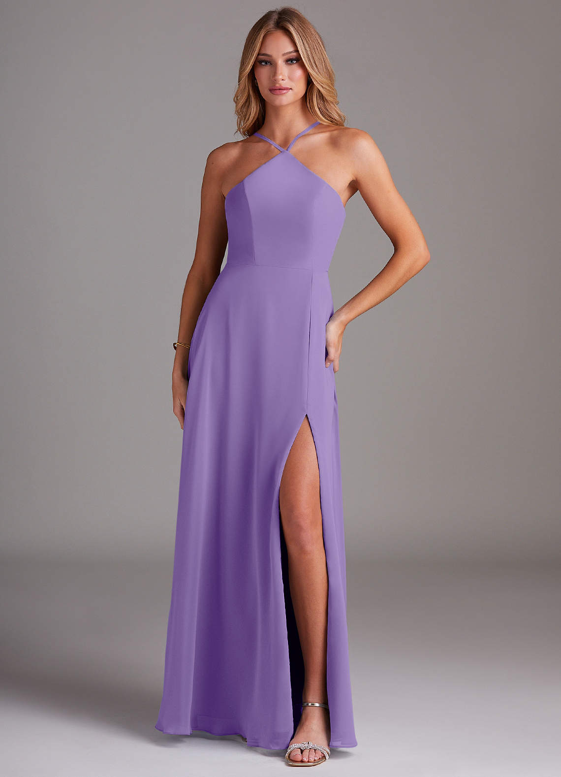 Azazie Bailey Bridesmaid Dresses Tahiti A-Line Halter Side Slit Chiffon Dress image1