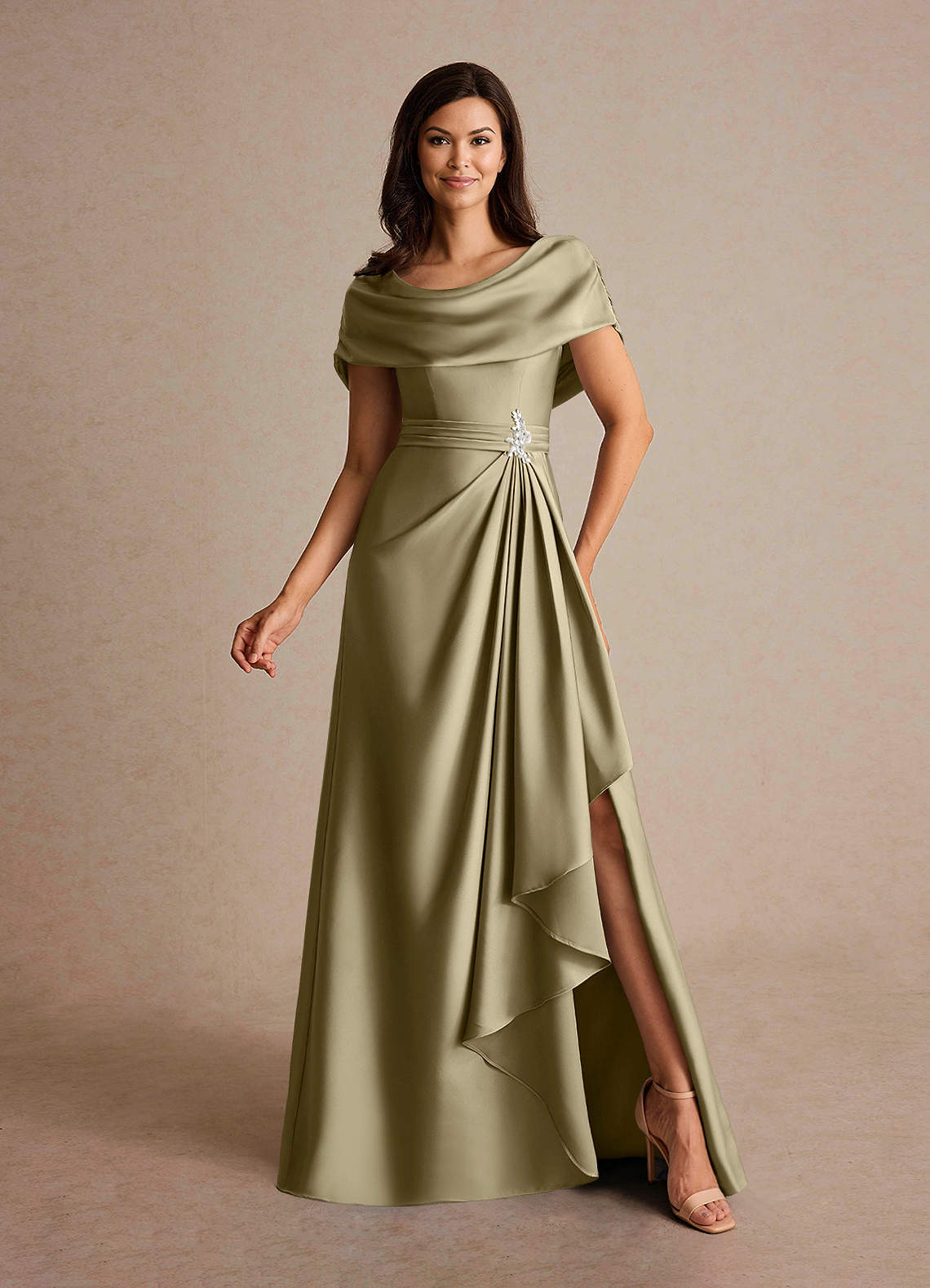 Azazie Branford Moss Green A-Line Pleated Stretch Satin Dress | Azazie