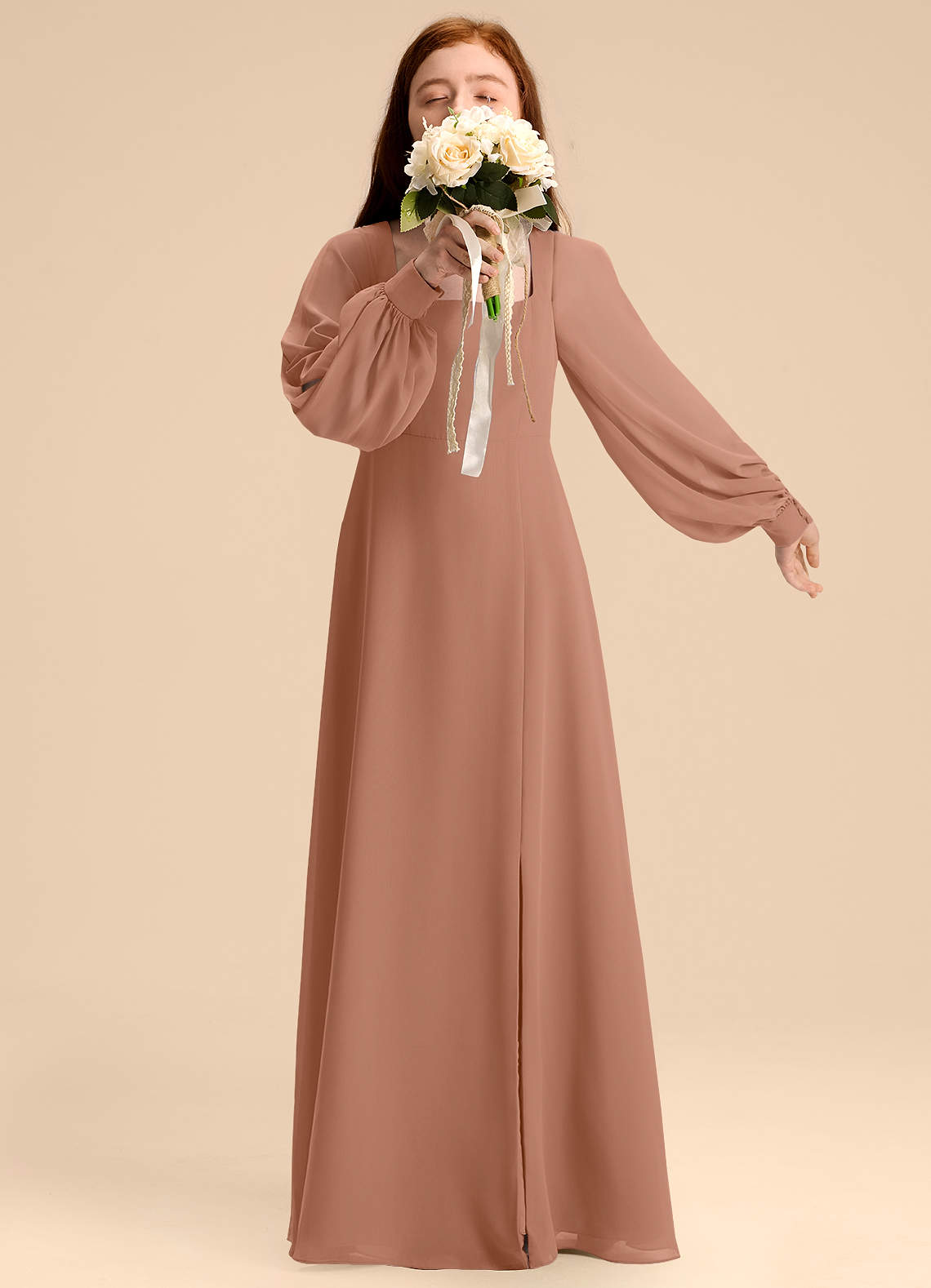 Azazie Bondi Junior Bronzer A-Line Blouson Chiffon Dress image1